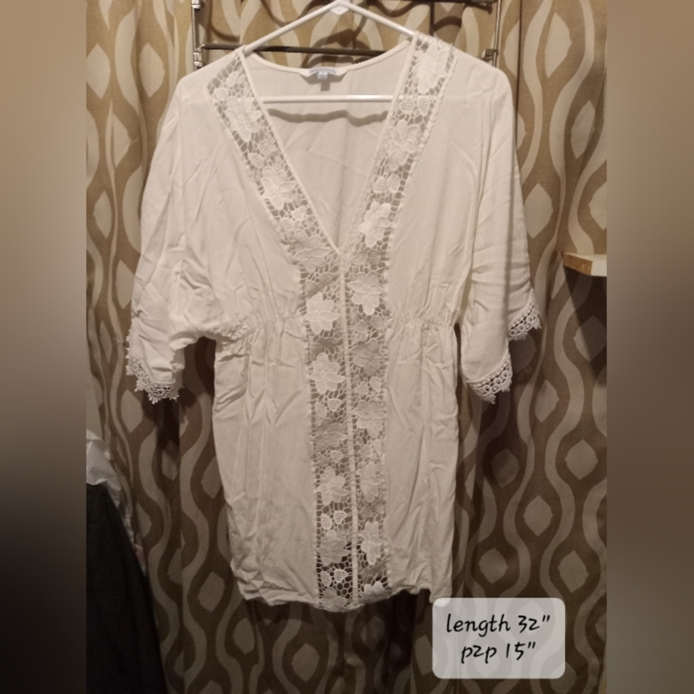 Blue Island White Kimono with Lace Detail Beach Coverup